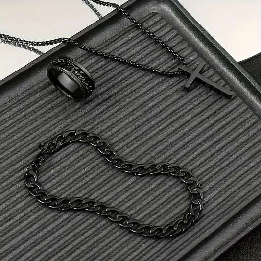 3-teiliges Herren-Set aus Edelstahl – Halskette, Armband & Ring