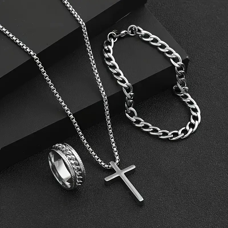 3-teiliges Herren-Set aus Edelstahl – Halskette, Armband & Ring
