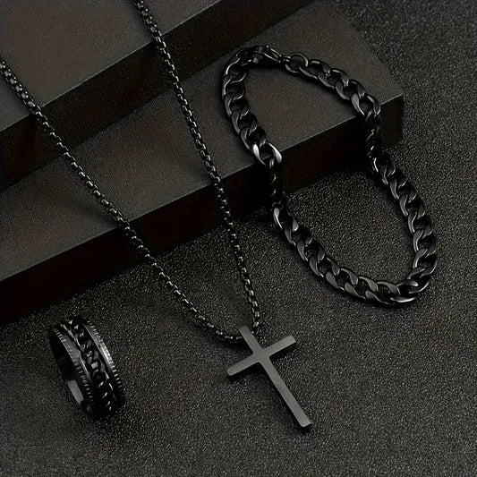3-teiliges Herren-Set aus Edelstahl – Halskette, Armband & Ring