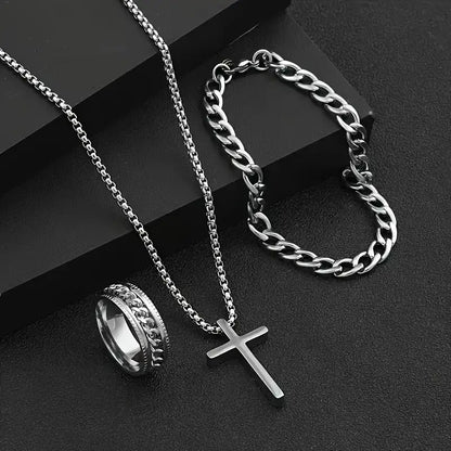 3-teiliges Herren-Set aus Edelstahl – Halskette, Armband & Ring